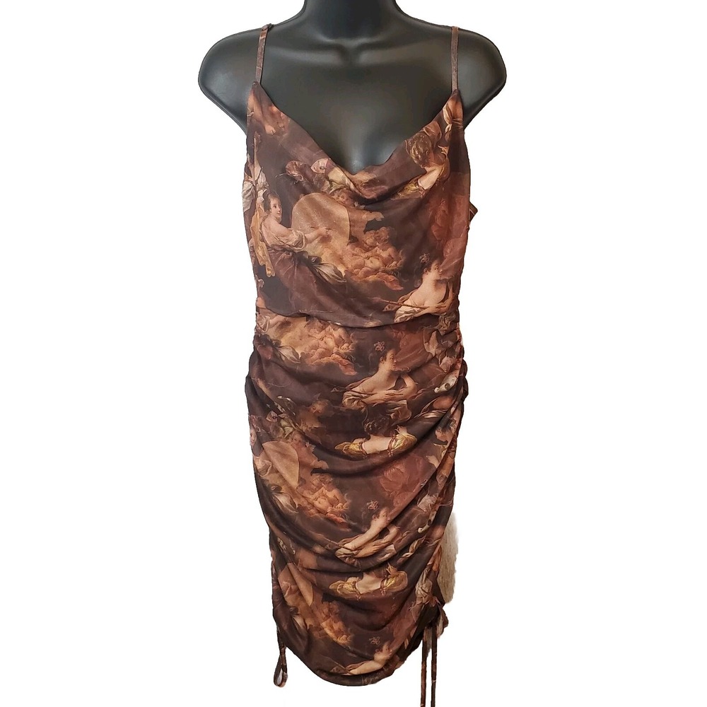 Shein Renaissance Print Brown Fitted Slinky Sexy Dress‎ Size 6 US Medium